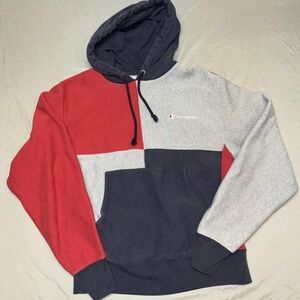Champion Reverse Weave Hoodie Men's Medium Gray Blue Red Pullover Sweatshirt T22